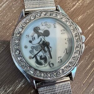 Vintage silver Minnie Mouse watch with quartz inlays
